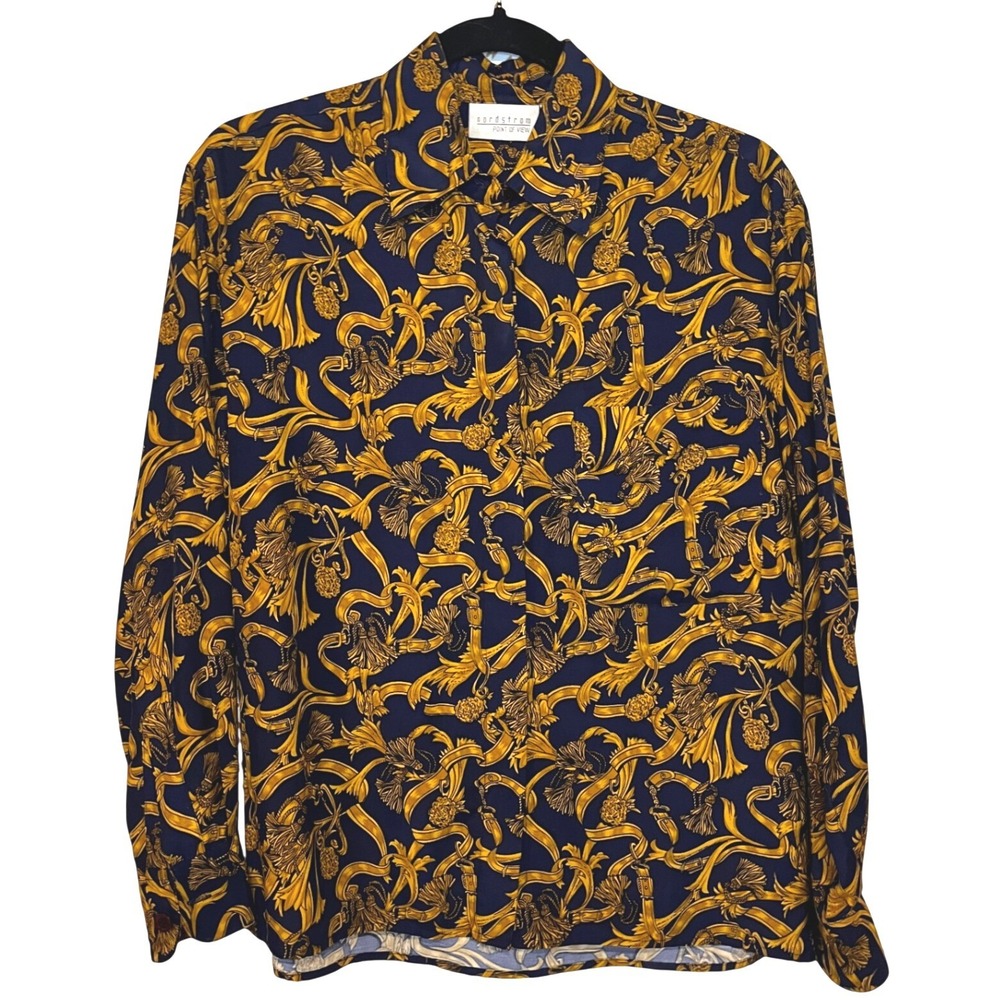 Vintage Nordstrom Button Down Blouse Size 2 Navy Gold Chain Royal Preppy Rayon